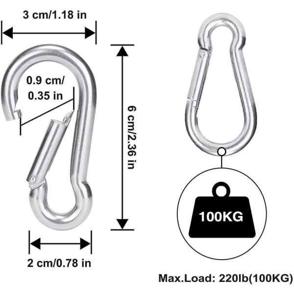 4 stk. karabinkroker for tung belastning, sport, låsehunder, huskehengekøye, 304 rustfritt stål, 6 mm tykkelse