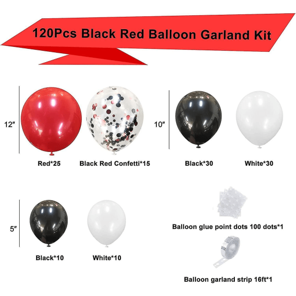 Red Black White Balloon Garland Arch Kit - 120pcs White Red Black Confetti Latex Party Balloons For Circus Bbq Casino Graduation Baby Shower Mother's