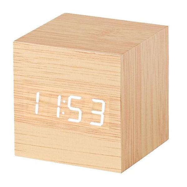 Gingko Cube Led Click Clock Alarm Clock With Sound Activation (time, Date & Temperature) Various Colours A10 Bamboo white