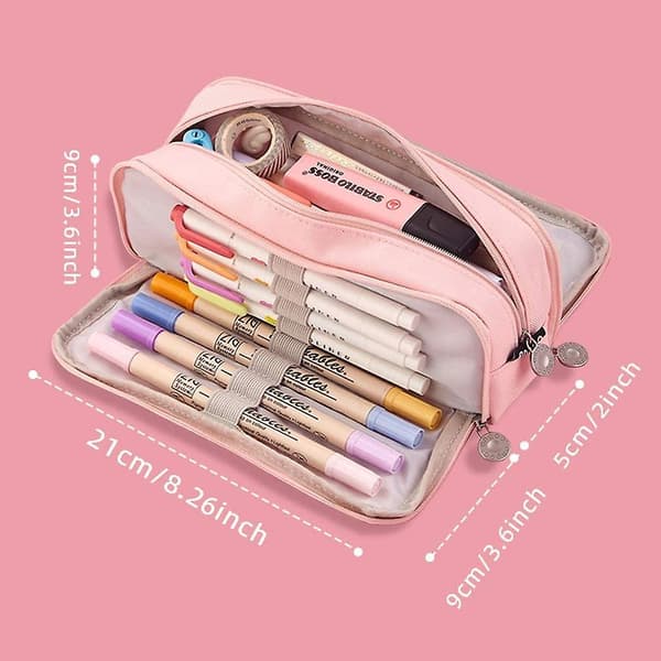 Large Pencil Case Pencil Pouch Canvas Stationery Bag With 3 Compartments For Students Pink