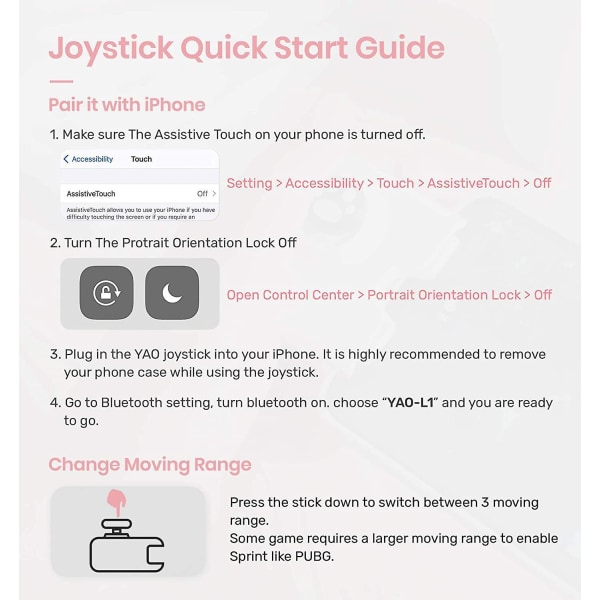 Yao L1 Pro Mobil Spil Controller Joystick Til Iphone (ios 13.4 Eller Senere, Til Ios Mobilspil) Pink
