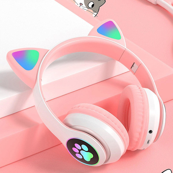 Wireless Bluetooth Headphones Cat Ear Headset With Led Light pink