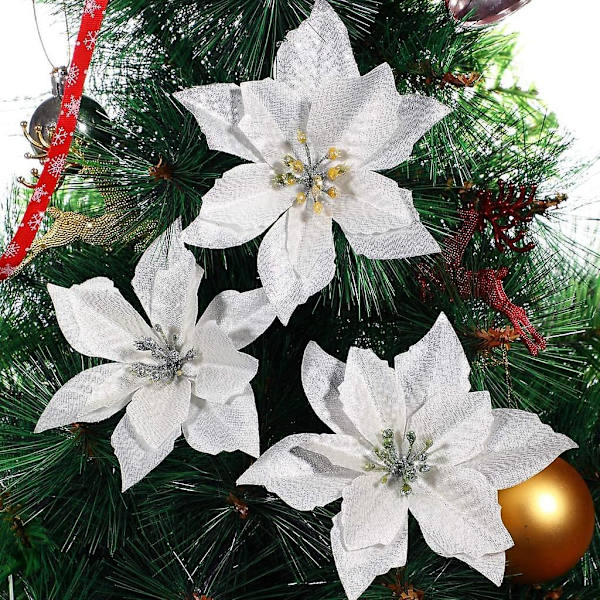 10 Pcs Glitter Artificial Flowers Tree Ornament For  Christmas