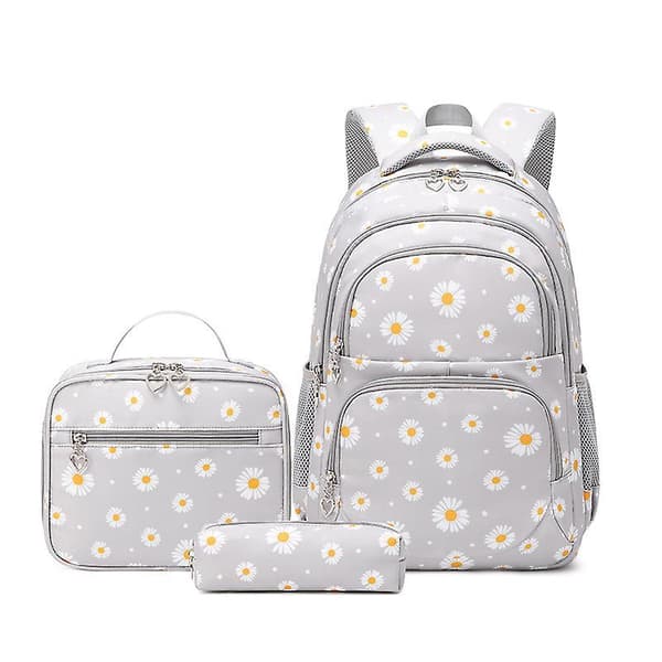 Three Piece Backpack Set With Daisy Print Includes Backpack +  Lunch Bag + Pencil Case #grey