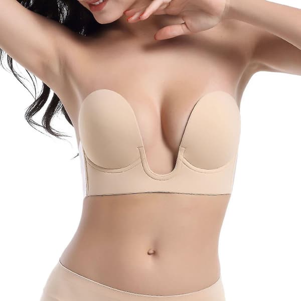 Strapless Sticky Adhesive Deep U-shaped Silicone Bra Invisible Backless Reusable Yellow