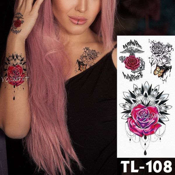 Water Transfer Deep Pink Henna Lace Rose Flower Temporary Tattoo Sticker Butterfly Pattern Body Art Waterproof Fake Flash Tattoo 18-TL053