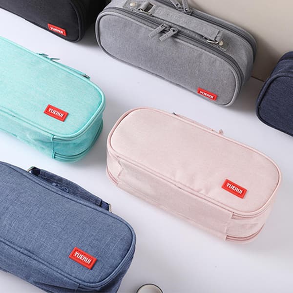 Pencil Case Big Capacity Grip Handle Canvas Easy Carry Pencil Pen Storage Bag For School Blue