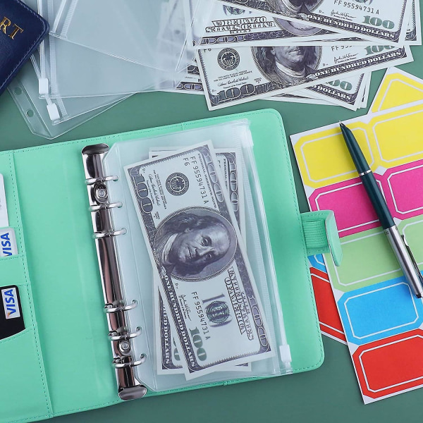 12 stk. A6 Binder Lommer Løse Ark Poser 6 Ring Binder Kontant Budget Kuverter System, A6 Pu Læder Binder Sæt Green
