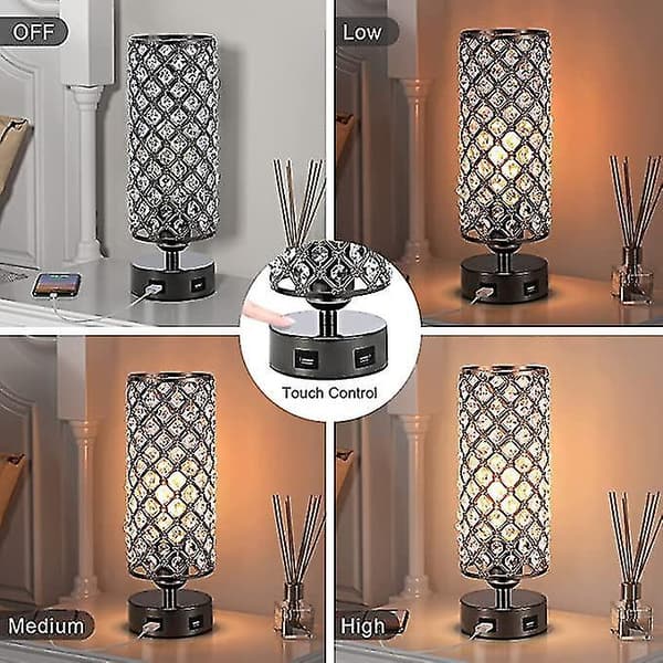 Crystal Lamp Table Lamp With Usb Ports 3 Way Dimmable Light Bedside Lamp Small Touch Light Black