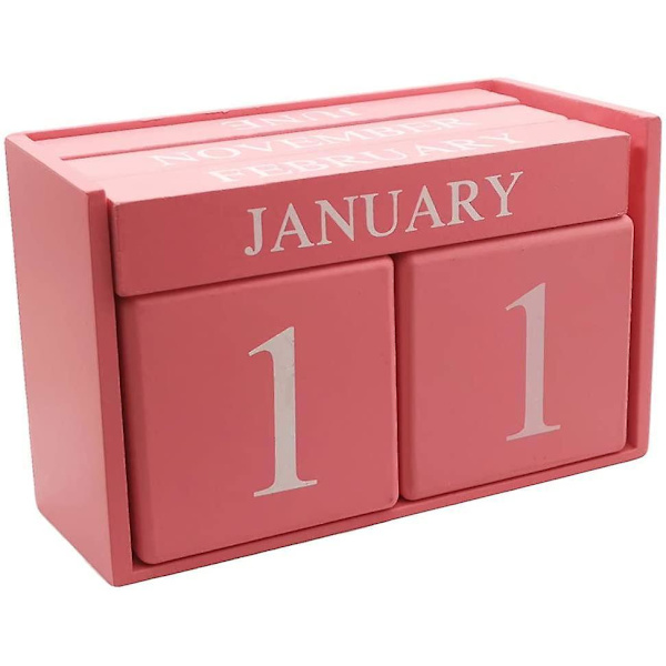 Træ Skrivebordsblok Kalender - Evighedsblok Måned Dato Display Hjemmekontor Dekoration, 15,5 x 9,9 x 7,4 cm Pink