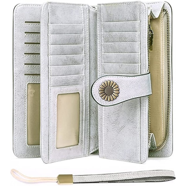 Aveki Wallets For Women Leather Credit Card Holder With Rfid Blocking Large Capacity Wristlet, 1-wax-grey