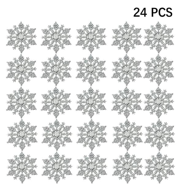 Plast Jule Glitter Snøfnugg Ornamenter Dekorasjoner, 24 stk silver