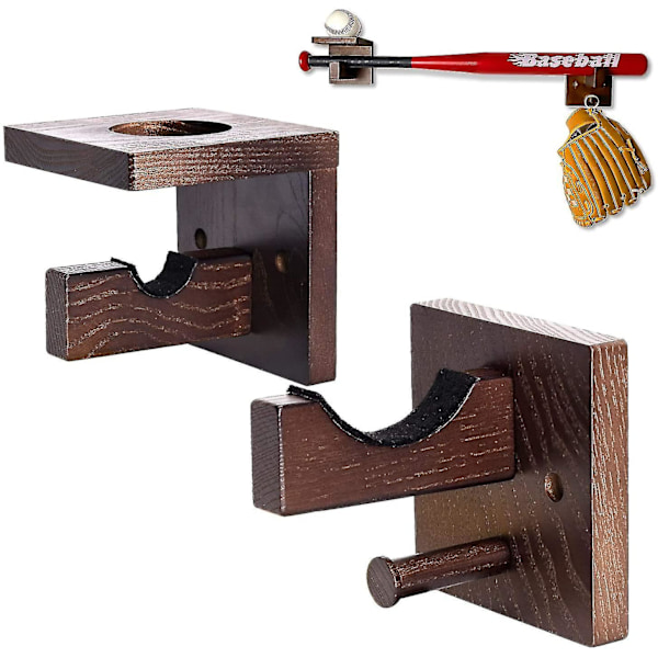 3 In 1 Baseball Bat & Softball & Glove Display Wall Mount Rack, Solid Wood Horizontal Bracket Holder Hook Hangers For Collectible, Autographed & Cutom