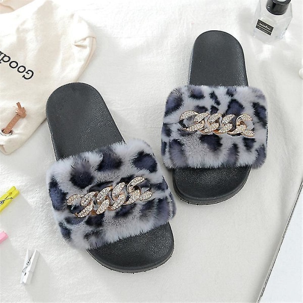 Women's Fluffy Faux Fur Slippers Comfy Open Toe Slides With Fle LEOPARD 39