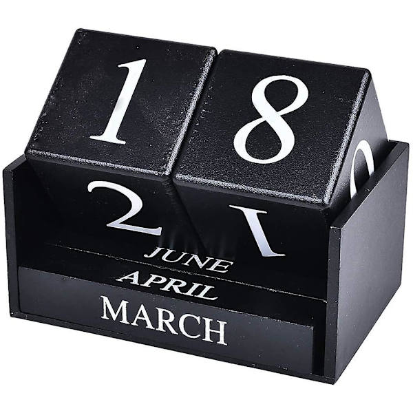 Træ Skrivebordsblok Kalender - Evighedsblok Måned Dato Display Hjemmekontor Dekoration, 15,5 x 9,9 x 7,4 cm Black