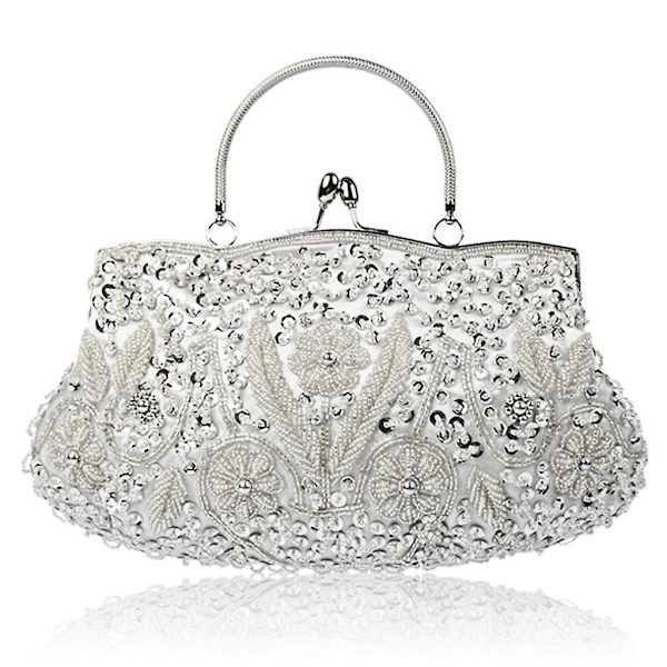 Naisten Vintage Helmikoristeltu Paljettimekko Kukka Iltalaukku Suuri Clutch-laukku Morsiuskäsiveska Silver