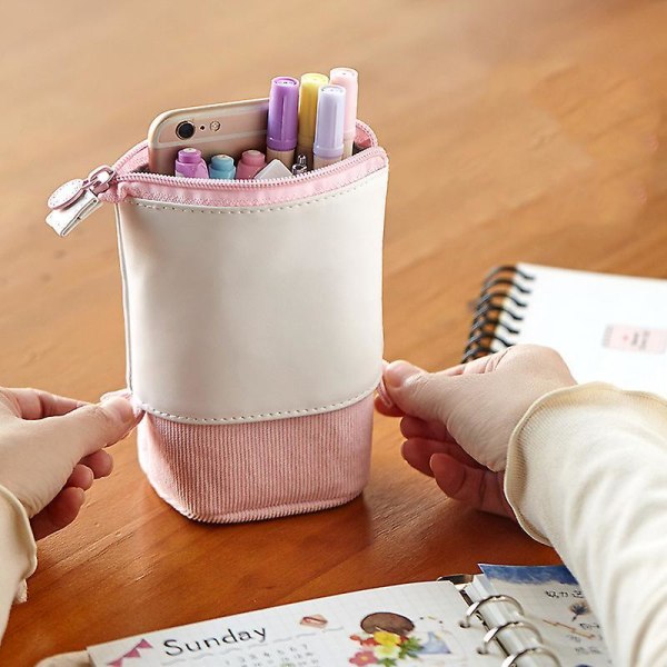 Pop-up Pencil Case Telescopic Holder Stationery Case Pu Corduroy Stand-up Transformer Bag Large Pink