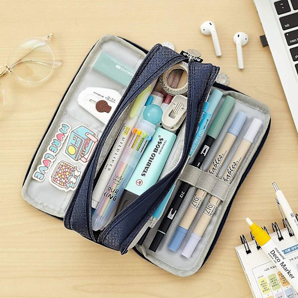 Large Pencil Case Big Capacity 3 Compartments Canvas Pencil Pouch For Students navy