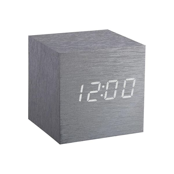 Gingko Cube LED Click Clock Alarm Clock With Sound Activation (Time, Date & Temperature) Various Colours Aluminium White