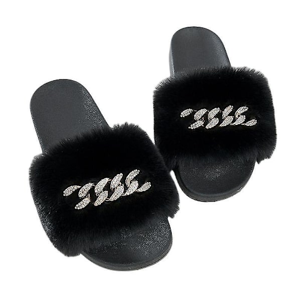 Bløde Faux Fur Slippers til Kvinder Behagelige Åben Tå Sandaler Med Fle BLACK 42