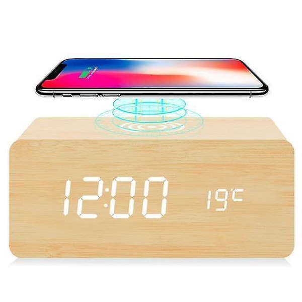Wooden Digital Alarm Clock With Wireless Chargingadjustable Brightness
