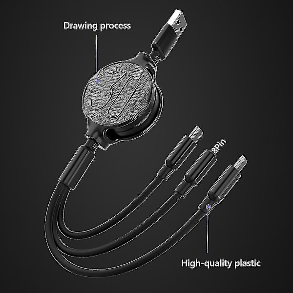 3 In 1 Retractable Micro Usb Type-c 3a Fast Charging Cable For Iphone Android Blue