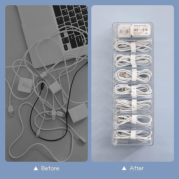 Wekity Plastic Cable Management Box With 10 Cable Ties, Clear Power Cord Storage Box With 8 Compartments, Office Electronics Storage Box With Cover