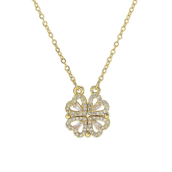 Four Leaf Clover Necklace Magnetic Folding Heart-shaped Clavicle Chain Openable Choker Jewelry Hanging Pendant For Women Gold