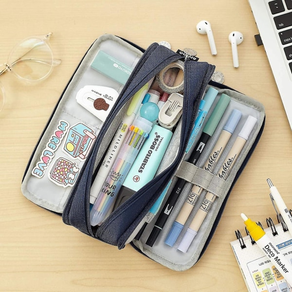 Large Pencil Case Big Capacity 3 Compartments Canvas Pencil Pouch For Students navy