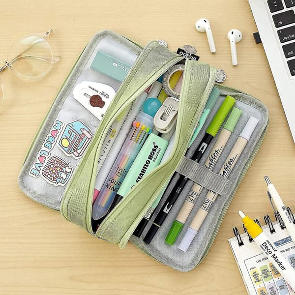 Large Pencil Case Big Capacity 3 Compartments Canvas Pencil Pouch For Students green