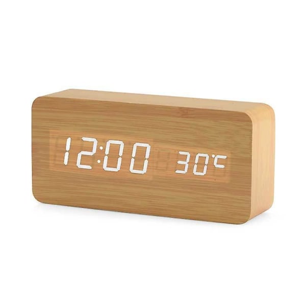 Betterlifefg-wooden Digital Clock - Multifunction Led Alarm Clock With Time/date/temperature Display And Voice Control For Home Travel, Bamboo Wood Co