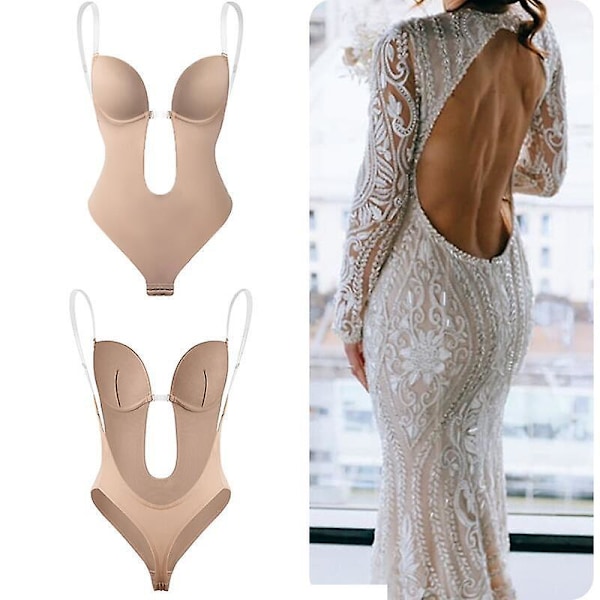 Women Plunging Deep V-neck Body Shaper Strapless Backless Bodysuit Shapewear Beige L