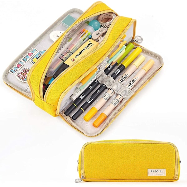Large Pencil Case Big Capacity 3 Compartments Canvas Pencil Pouch For Students yellow