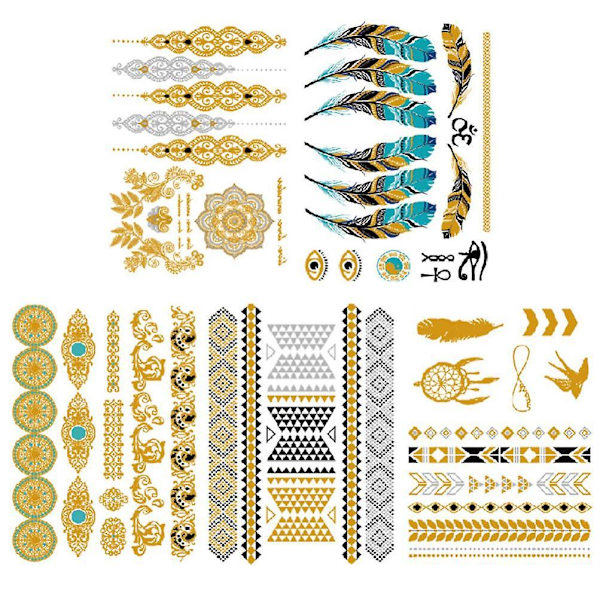 5 Sheets Temporary Tattoos Shimmer Waterproof Fake Tatoos Gold Tattoos Metallic Stickers In Arm Body Leg For Women