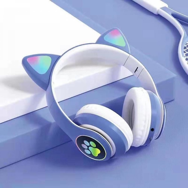 Wireless Bluetooth Headphones Cat Ear Headset With Led Light Blue