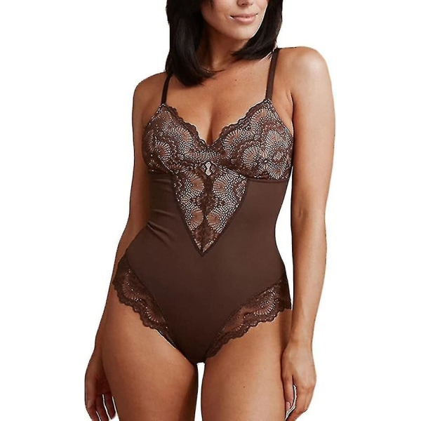 Blondebodystocking til kvinder, mavekontrol, shapewear, V-hals, rygløs camisole, ærmeløs slankende top Brown M