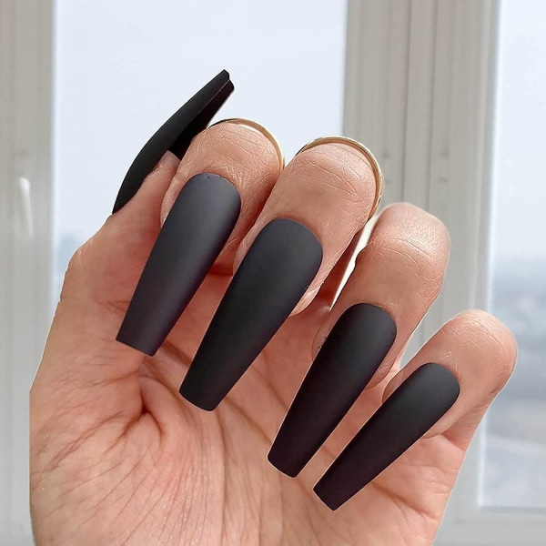 Long Fake Nails Ballerina Press On Nails Matte Acrylic Nails,24pcs Black