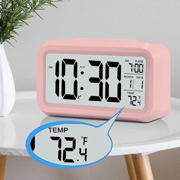 Smart Night Light Digital Alarm Clock With Indoor Temperature, Battery Operated Desk Small Clock Pink