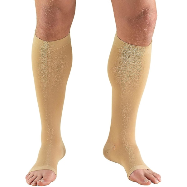 30-40 mmHg Kompresjonsstrømper for menn og kvinner, knelengde, åpen tå, beige, 2x-large