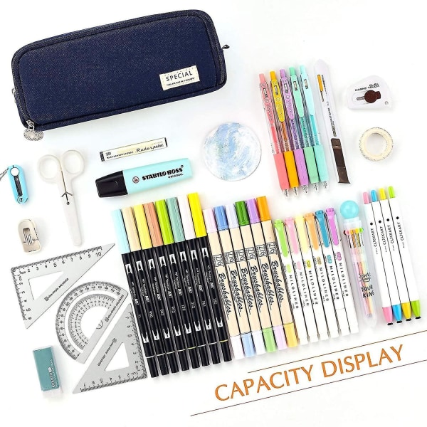 Large Pencil Case Big Capacity 3 Compartments Canvas Pencil Pouch For Students navy