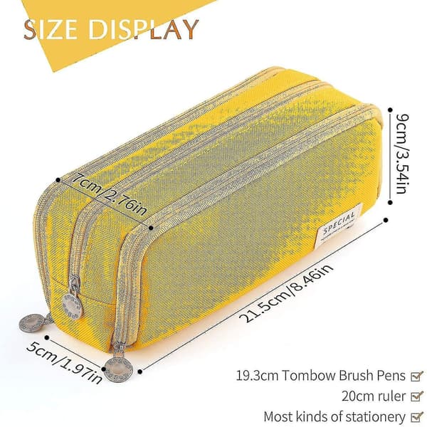 Large Pencil Case Big Capacity 3 Compartments Canvas Pencil Pouch For Students yellow