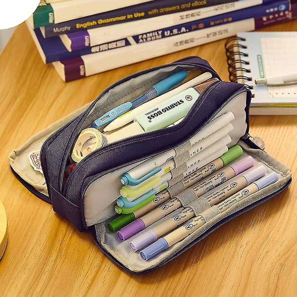 Large Pencil Case, Minimalist Portable Stationery Bag With Handle Blue
