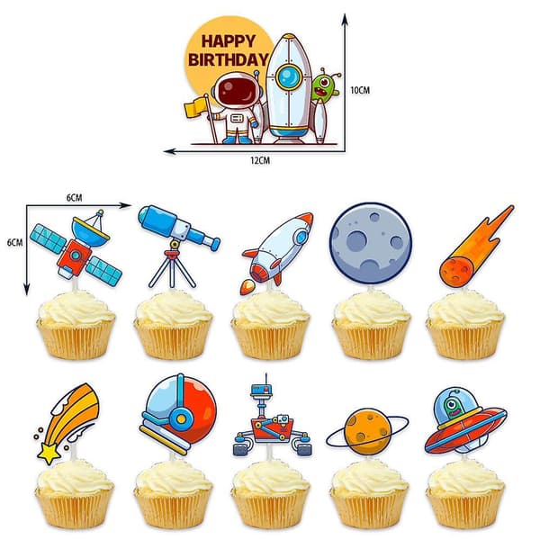 Space Themed Party 24pcs Balloons Banner Cake Insert Set Astronaut Rocket Spaceship Pull Flag Party Decoration