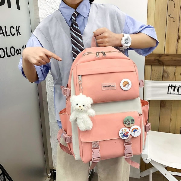 5 kpl Esteettinen reppusetti teinitytöille Koulureppu Kawaii Söpö Karhu Yliopisto Matka Rento Laukku Syntymäpäivälahja Pink