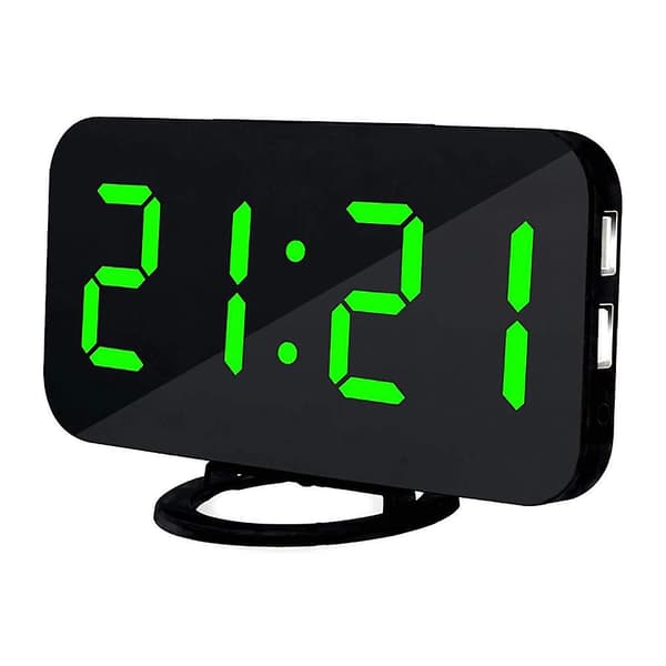 Digitalt Vækkeur, Stort LED-display med Dobbelt USB-opladerporte Green light