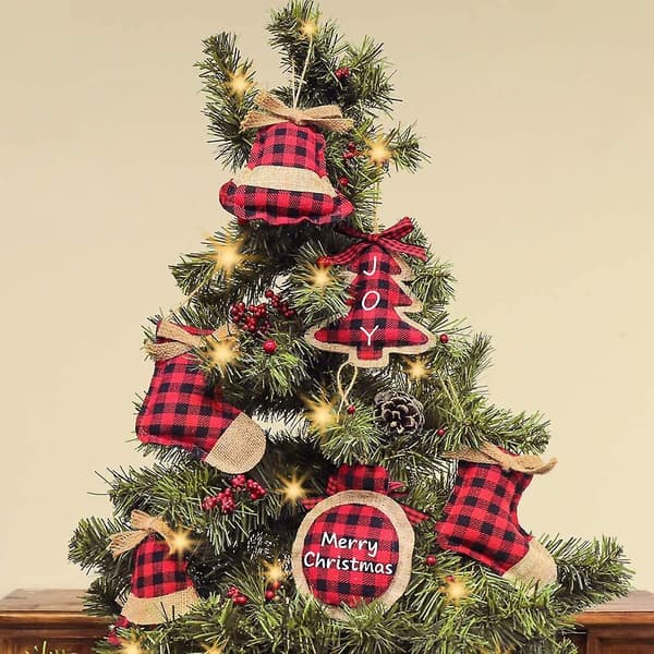 Christmas Decorations Tree Ornament, 8 Pcs Red Black Buffalo Check Plaid Stitching Bu