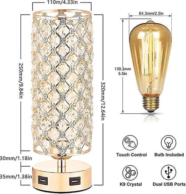 Crystal Lamp Table Lamp With Usb Ports 3 Way Dimmable Light Bedside Lamp Small Touch Light Gold