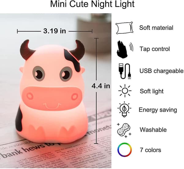 Cow Night Light For Kids Portable Tap Control Rechargeable Nightlight With 7 Light Changes