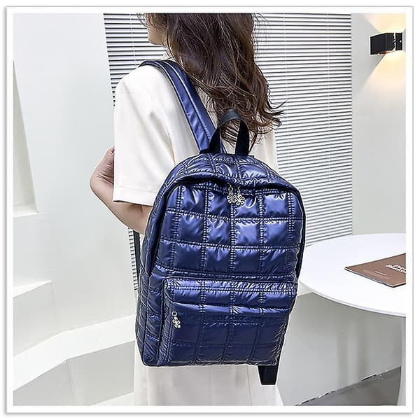 Down Cotton Filled Women's Backpack Quilted Plaid School Casual Bag blue