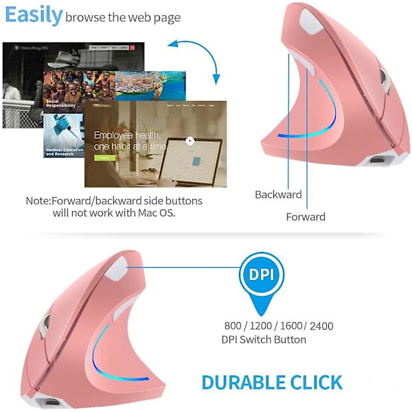 Wekity Right Handed Wireless Ergonomic Rechargeable Vertical Mouse With 4 Adjustable Dpi Pink
